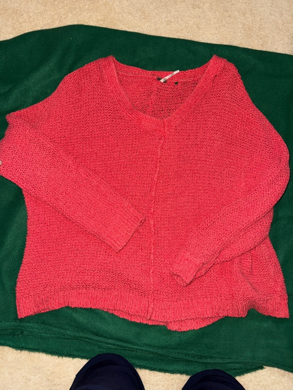 Free People V-Neck Knit Sweater in Coral